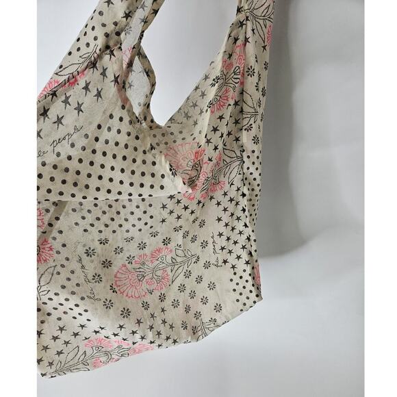 Free People Floral Gauzy Boho Medium Reusable Tote Bag Beige Black Pink - Picture 2 of 3